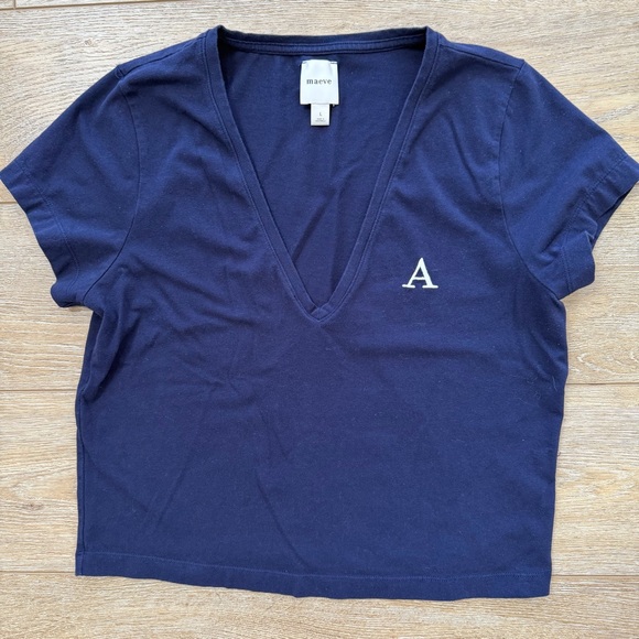 Maeve V-Neck Short-Sleeve Tee Anthropologie embroidered letter "A" Sz Large - Picture 3 of 6